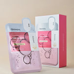 Mediheal Collagen Nude Gel Mask pack with a single mask in front, both featuring a pink design with bubbles on a light beige background.