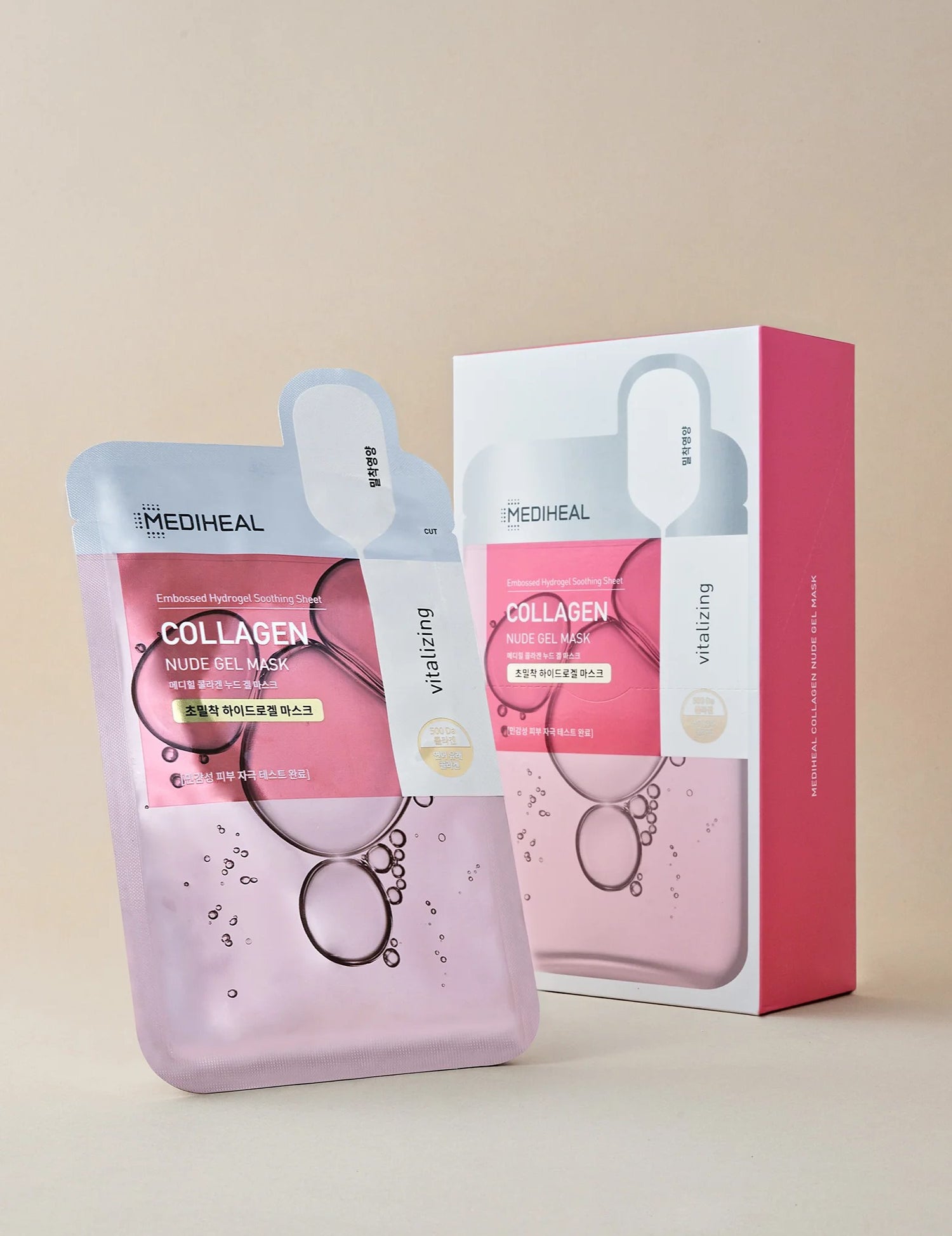 Mediheal Collagen Nude Gel Mask pack with a single mask in front, both featuring a pink design with bubbles on a light beige background.