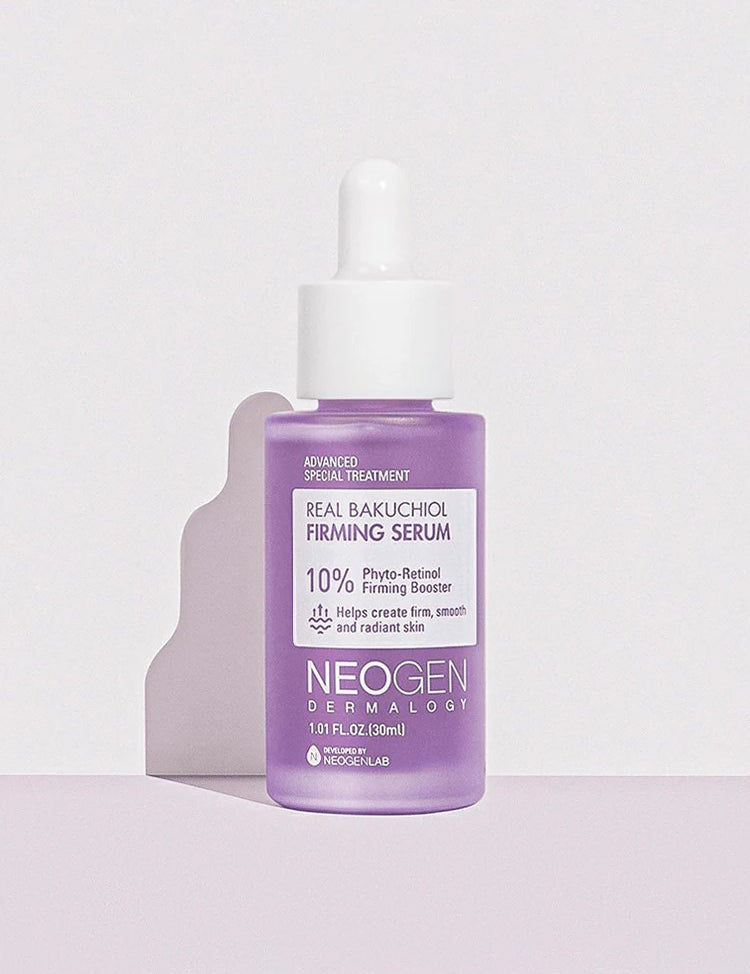 Neogen Dermalogy's Real Bakuchiol Firming Serum in a lavender-hued bottle with a dropper cap, showcasing its firming and anti-aging benefits through detailed labeling.