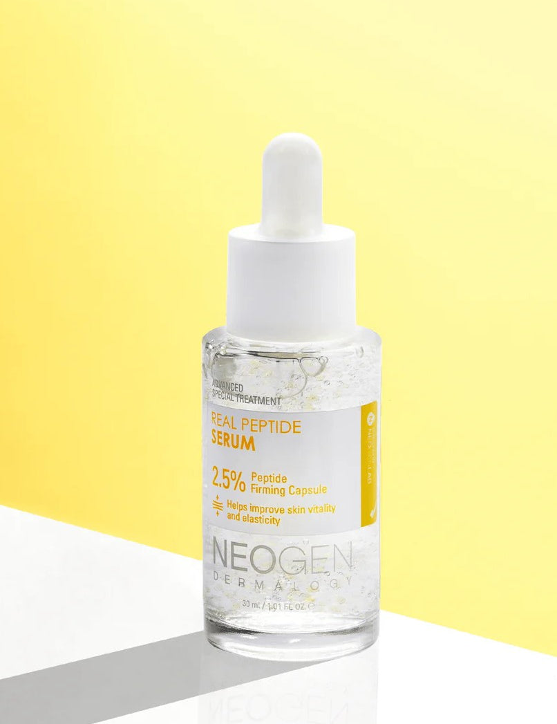 Neogen Real Peptide Serum in a transparent dropper bottle, featuring a 2.5% peptide formula, set against a bright yellow background.