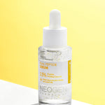Neogen Real Peptide Serum in a transparent dropper bottle, featuring a 2.5% peptide formula, set against a bright yellow background.