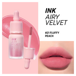 Bottle of INK Airy Velvet lip color in #21 Fluffy Peach beside a swatch and a close-up of a peach-toned matte lip look
