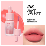 Bottle of INK Airy Velvet lip color in #23 In The Peachlight beside a swatch and a close-up of a peach-toned matte lip look