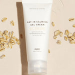 Tube of Purito Oat-in Calming Gel Cream featuring oats and Panthenol, surrounded by oat flakes on a textured background.