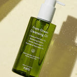 Purito From Green Cleansing Oil bottle with pump, labeled with benefits including hydration, nourishment, and suitability for all skin types.