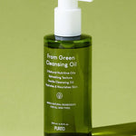 Green bottle of Purito From Green Cleansing Oil with a pump top, showcasing labels highlighting benefits and natural ingredients suitable for all skin types.