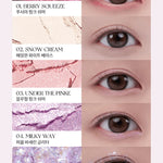 Five eye makeup looks created using shades from the Romand Better Than Palette Energetic Series in the 'Berry Fuchsia Garden' colorway, featuring Berry Squeeze, Snow Cream, Under the Pinke, Milky Way, and Starry Night.