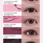 Five eye makeup looks using the Romand Better Than Palette Energetic Series in 'Berry Fuchsia Garden,' featuring shades Purple Quartz, Light Fuchsia, Real Orchid, Plum Violet, and Dark Night.