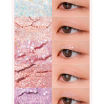 Swatches of five glittery eyeshadow shades from Romand Better Than Palette Light and Glitter Garden, featuring Dew Drop, Twinkle Pink, Fairy Glitter, Shining Rose, and Purple Fantasy.