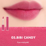Close-up of lips wearing Romand Blur Fudge Tint in the shade Bibi Candy.