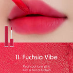 Close-up of lips wearing Romand Blur Fudge Tint in the shade Fuchsia Vibe.