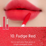 Close-up of lips wearing Romand Blur Fudge Tint in the shade Fudge Red.