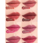 Lip swatches of Romand Blur Fudge Tint shades 01 to 08, featuring Pomeloco, Rosiental, Musky, Radwood, Bibi Candy, Mauvish, Cool Rose Up, and Currant Jam.