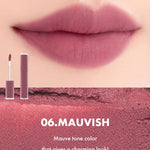 Close-up of lips wearing Romand Blur Fudge Tint in the shade Mauvish.