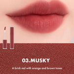 Close-up of lips wearing Romand Blur Fudge Tint in the shade Musky.