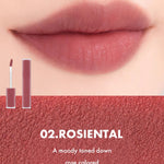 Close-up of lips wearing Romand Blur Fudge Tint in the shade Rosiental.