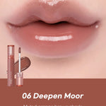 Close-up of soft, glossy lips wearing Romand Glasting Color Gloss in Deepen Moor, showcasing the shiny finish when applied.