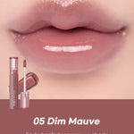 Close-up of soft, glossy lips wearing Romand Glasting Color Gloss in Dim Mauve, showcasing the shiny finish when applied.