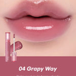 Close-up of soft, glossy lips wearing Romand Glasting Color Gloss in Grapy Way, showcasing the shiny finish when applied.