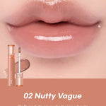 Close-up of soft, glossy lips wearing Romand Glasting Color Gloss in Nutty Vague, showcasing the shiny finish when applied.