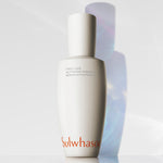 A sleek white bottle of Sulwhasoo First Care Activating Serum VI, elegantly reflecting light with soft shadows on a bright surface.