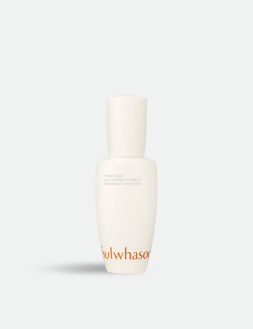 A sleek white bottle of Sulwhasoo First Care Activating Serum VI features elegant orange branding against a gray background.
