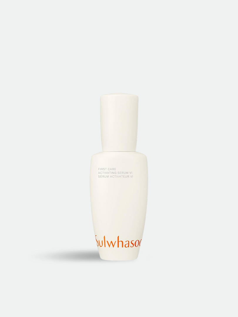 A sleek white bottle of Sulwhasoo First Care Activating Serum VI features elegant orange branding against a gray background.