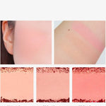 Three peach blush shades from Too Cool for School Artclass By Rodin De Peche collection: Nudie Peach, Real Peach, and Pink Peach, shown with swatches on skin for color comparison.