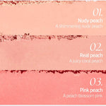 Three pastel peach shades of Too Cool for School Artclass By Rodin Blusher in De Peche: Nudy Peach (shimmering nude), Real Peach (coral), and Pink Peach (peach blossom pink.