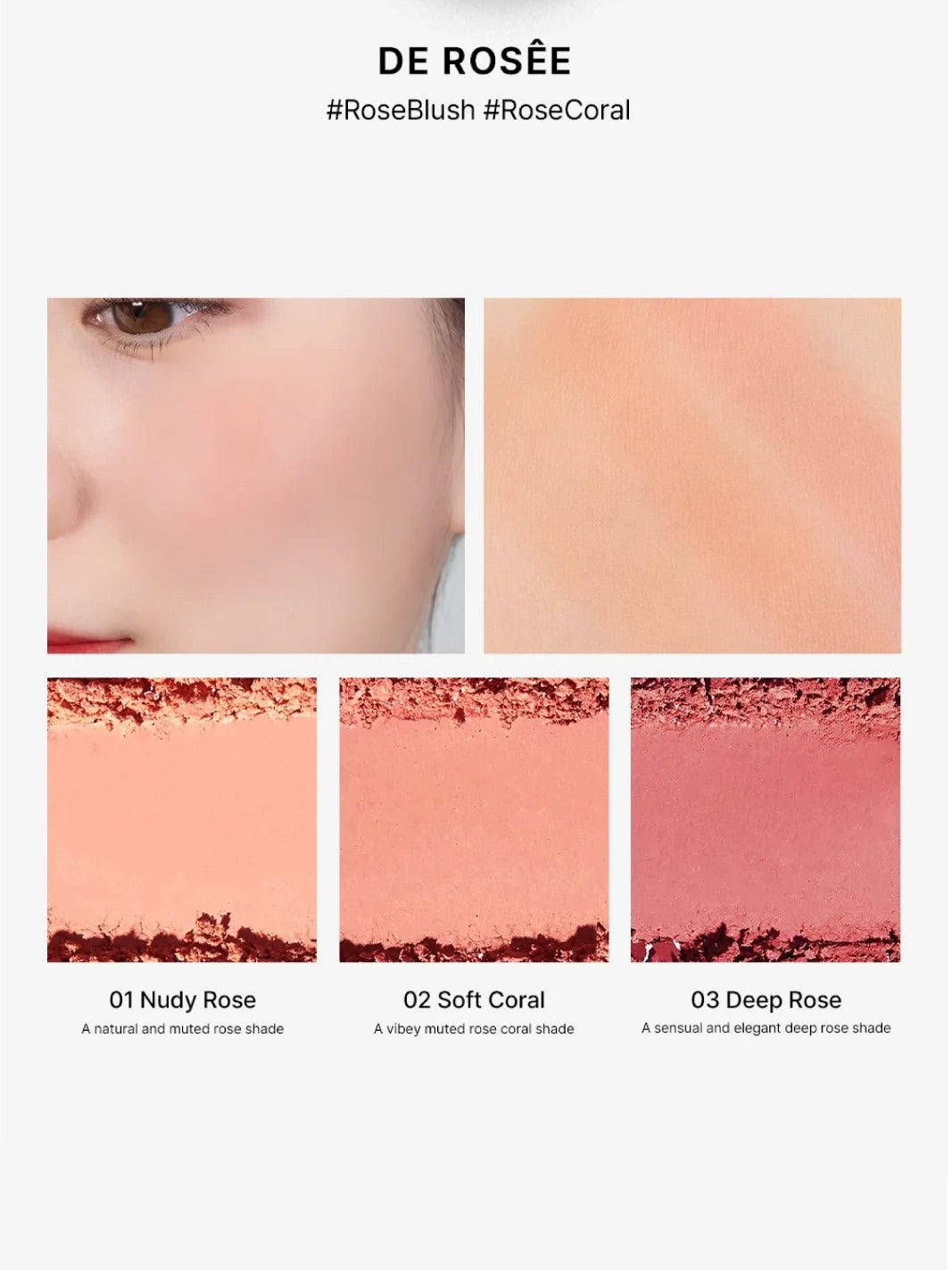 Three blush shades from Too Cool for School Artclass By Rodin De Rosée collection: 01 Nudy Rose, 02 Soft Coral, and 03 Deep Rose, shown with swatches on skin for color comparison.