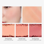 Three blush shades from Too Cool for School Artclass By Rodin De Rosée collection: 01 Nudy Rose, 02 Soft Coral, and 03 Deep Rose, shown with swatches on skin for color comparison.