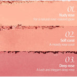 Three layers of Too Cool for School Artclass By Rodin Blusher in De Rosée shade: Nudy Rose for a natural look, Soft Coral for a moody tone, and Deep Rose for an elegant finish.