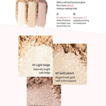 Three shades from Too Cool for School Artclass By Rodin Highlighter #1 Glam, labeled Light Beige, Gold Peach, and Pink Beige, showcasing colors for contouring and highlighting.