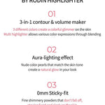 Text describing the By Rodin Highlighter: 3-in-1 formula, aura-lighting effect for luminous radiance, and 0mm sticky-fit texture for a smooth, lasting glow.