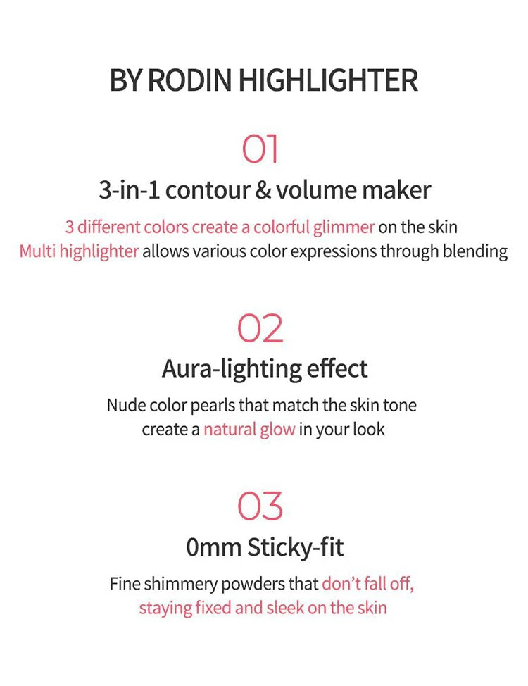 Text describing the By Rodin Highlighter: 3-in-1 formula, aura-lighting effect for luminous radiance, and 0mm sticky-fit texture for a smooth, lasting glow.