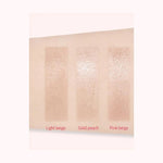 Three swatches of Too Cool for School Artclass By Rodin Highlighter #1 Glam in Light Beige, Gold Peach, and Pink Beige, showcasing their shimmering textures.