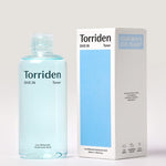 A bottle of Torriden Dive In Toner, a hydrating toner with low molecular hyaluronic acid, next to its eco-friendly packaging.