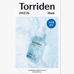 Packaging of Torriden Dive In Mask featuring a blue serum bottle with splash effects and text highlighting low molecular Hyaluronic Acid.