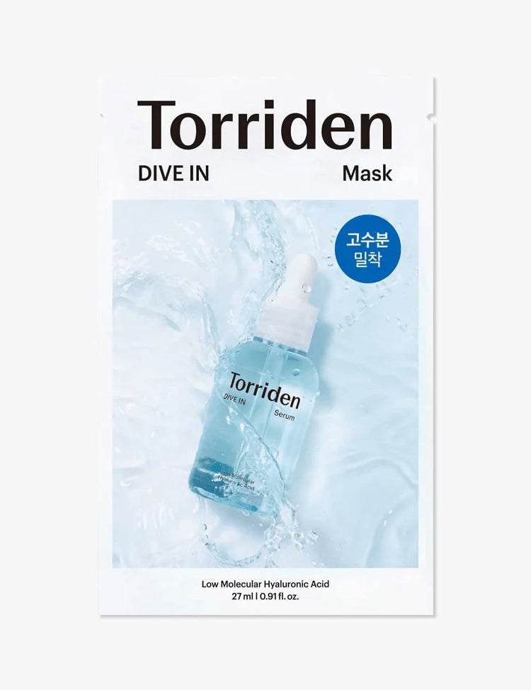 Packaging of Torriden Dive In Mask featuring a blue serum bottle with splash effects and text highlighting low molecular Hyaluronic Acid.